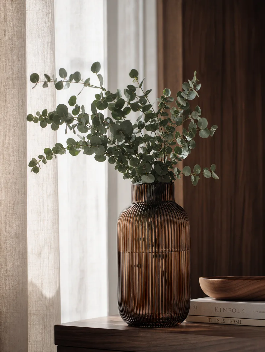 Geribbelde bruine glazen vaas met verse eucalyptus in zacht tegenlicht