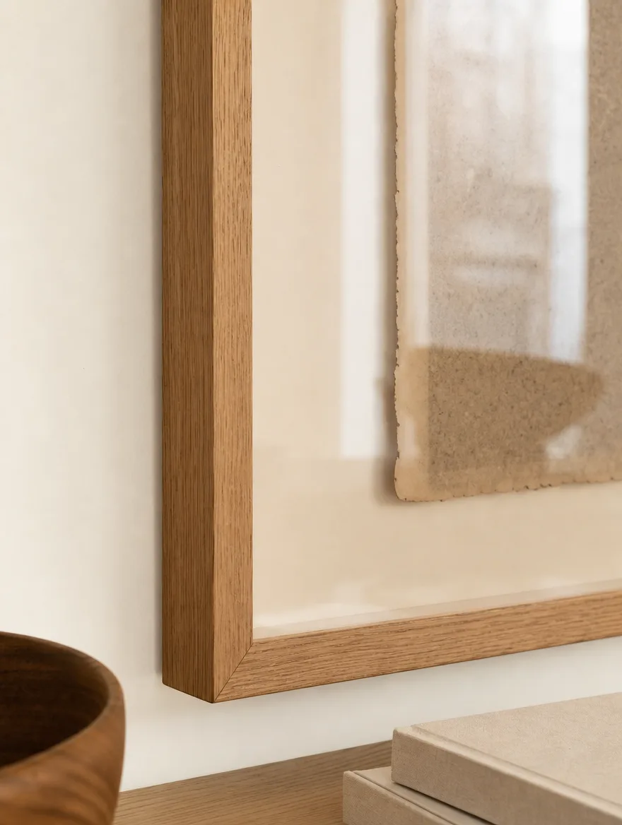 Detail van een dun eiken frame met helder vlak glas