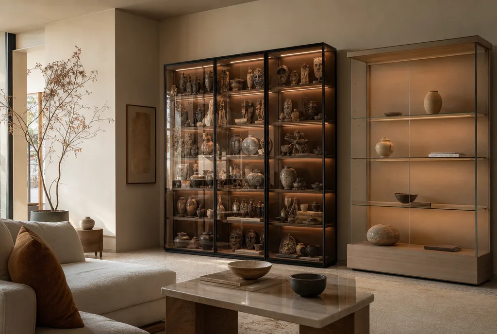 Volle vitrine met felle ledverlichting en rookglas als voorbeeld van wat niet past