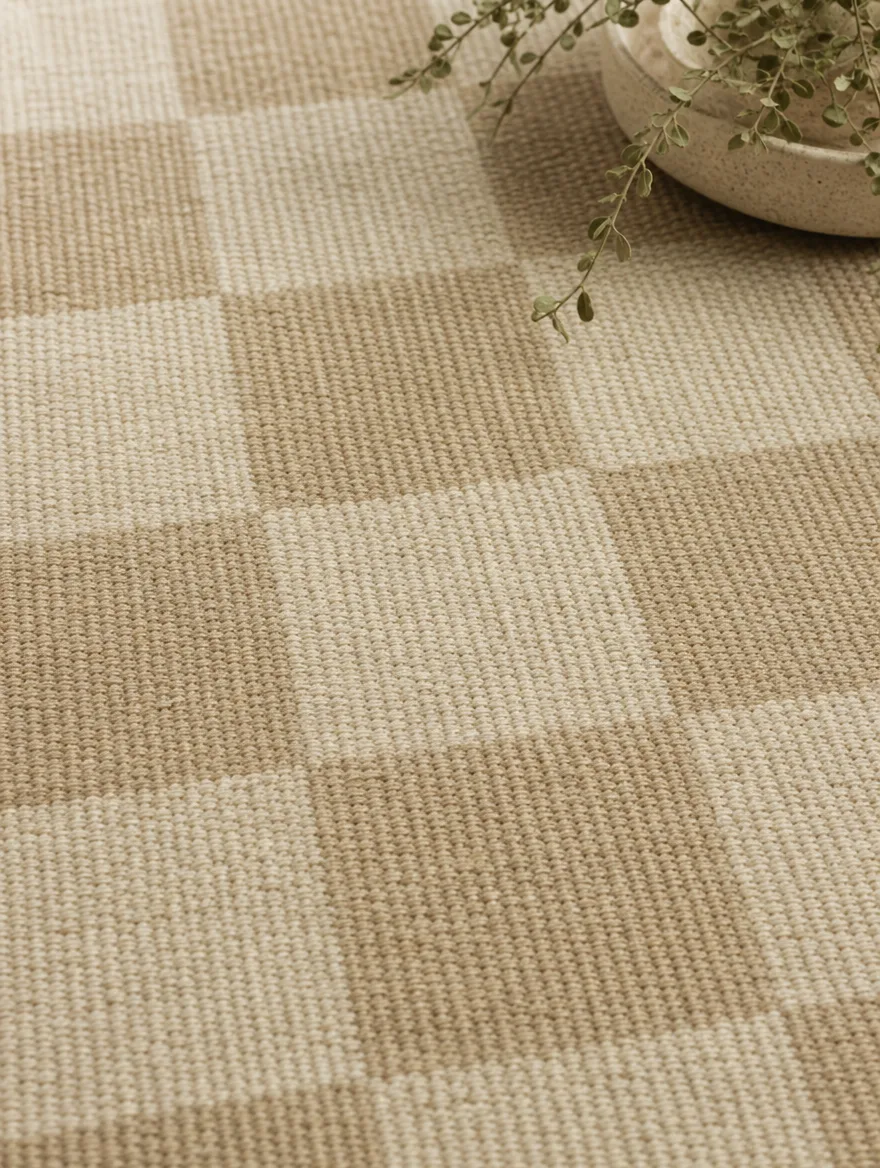 Detail van een platgeweven wollen vloerkleed met een fijne schakerbordstructuur in naturel