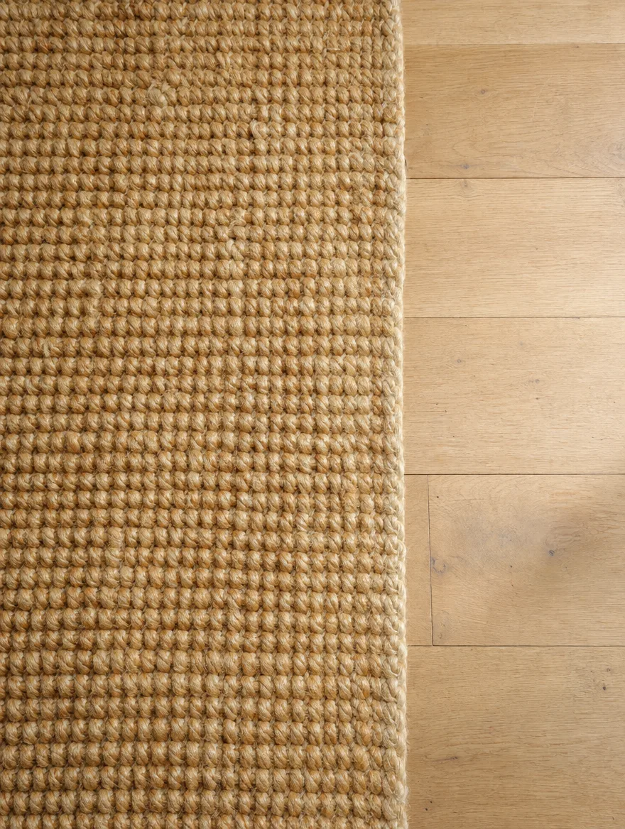Grove jute vloerkleed-structuur van bovenaf met blote vloer eromheen