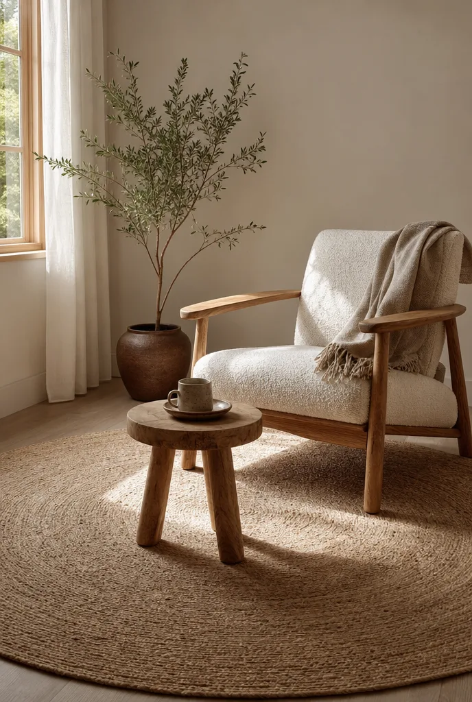 Rond naturel vloerkleed in een rustige leeshoek met een houten kruk