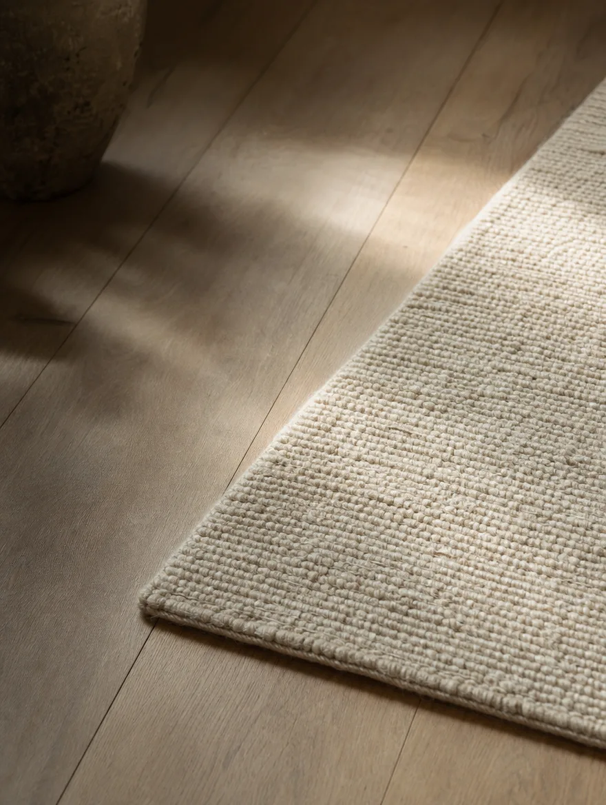 Hoek van een naturel vloerkleed op een houten vloer met zacht zijlicht