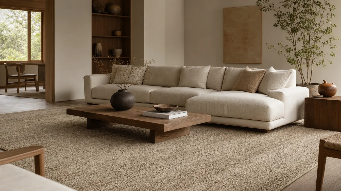 Japandi woonkamer met een groot naturel wollen vloerkleed onder een lage linnen bank in zandtinten