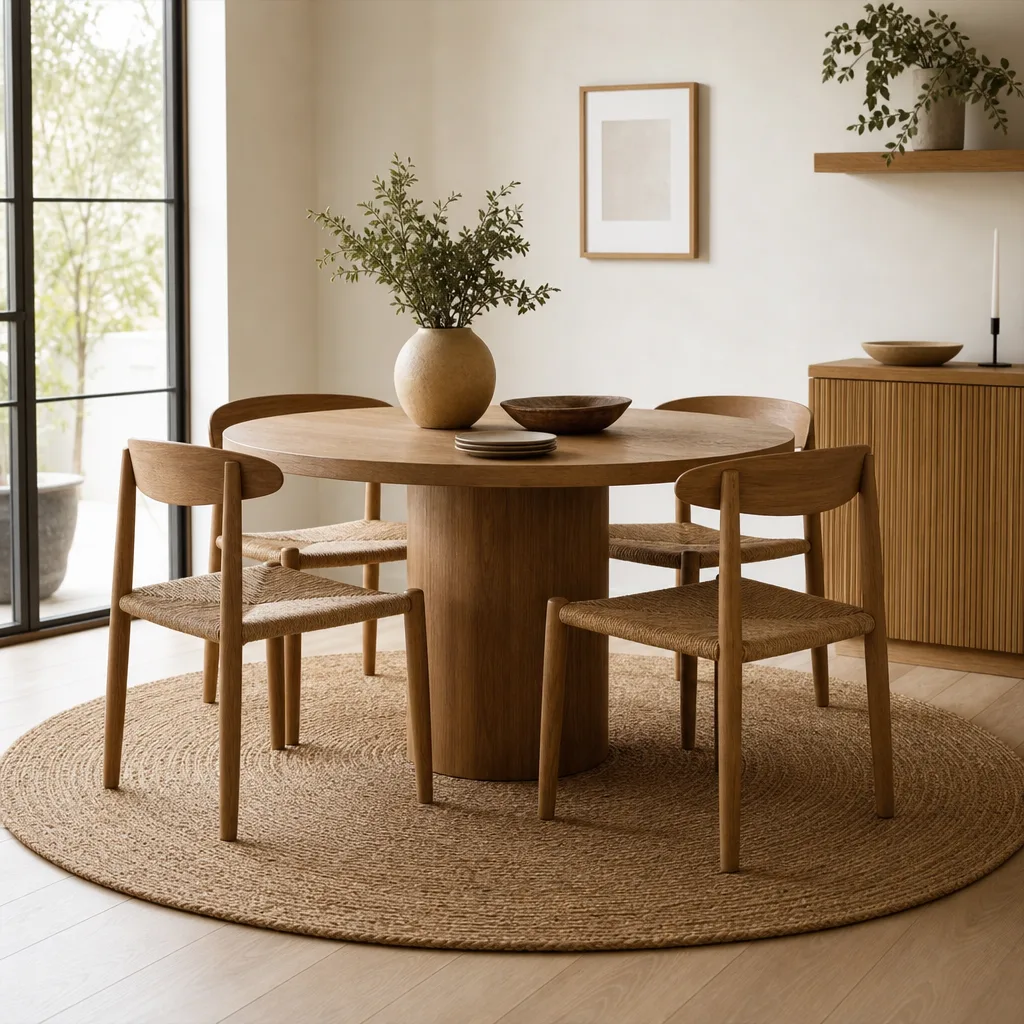 Rond jute vloerkleed onder een ronde houten eettafel