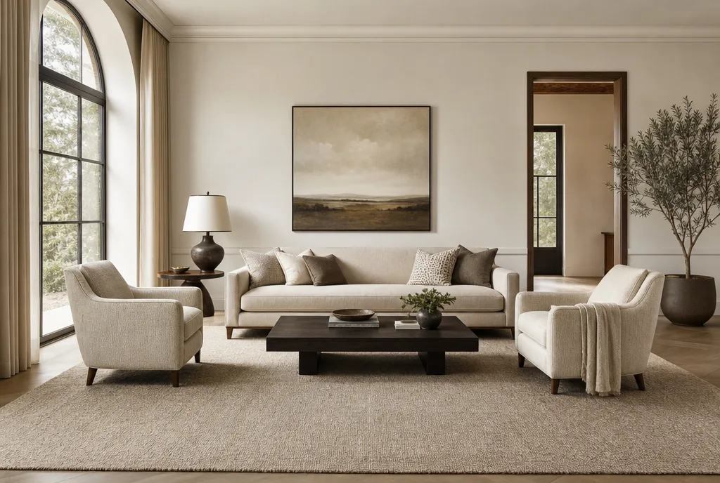 Bank en fauteuils met de voorpoten op een groot beige vloerkleed dat ruim uitsteekt