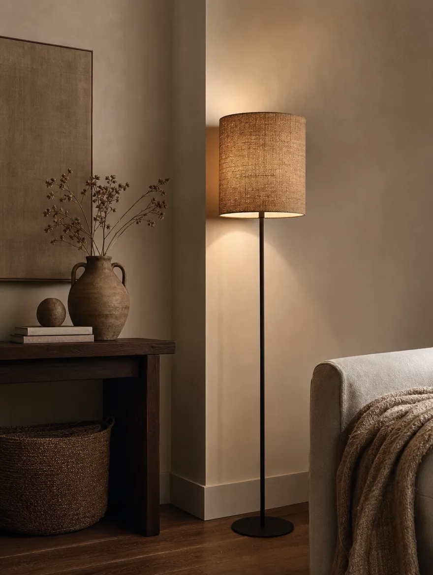 Vloerlamp met een gevlochten jute kap in een hoek