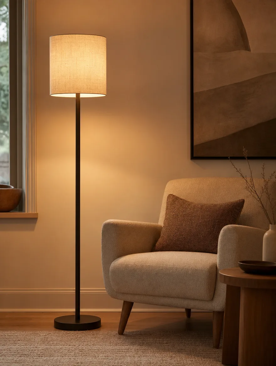 Rechte vloerlamp met linnen kap naast een fauteuil