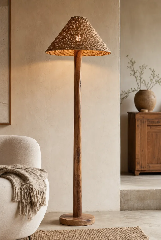 Vloerlamp van acaciahout met handgevlochten jute