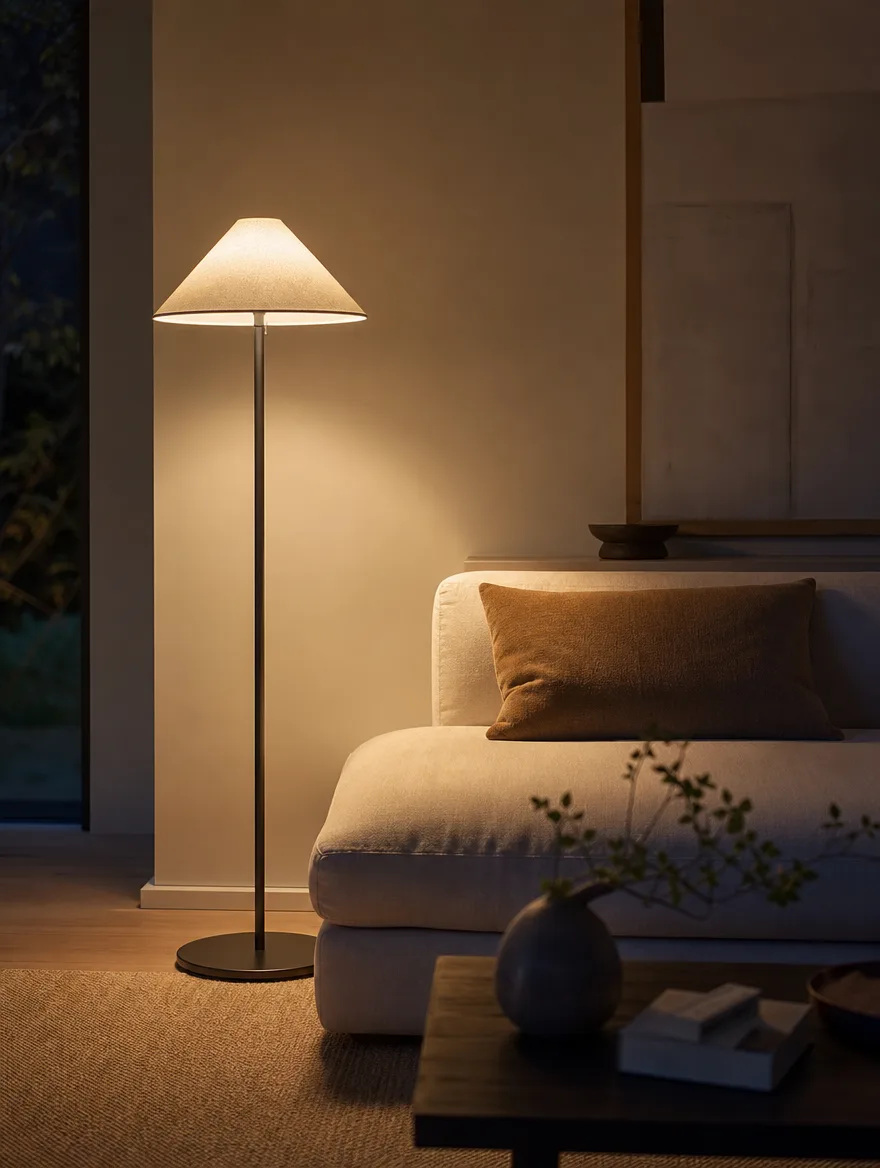 Vloerlamp met warm licht naast een lage bank in de avond