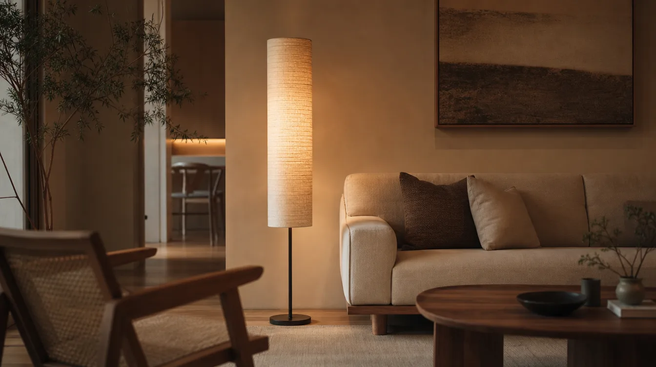 Japandi woonkamer met een slanke vloerlamp met papierkap naast een bank