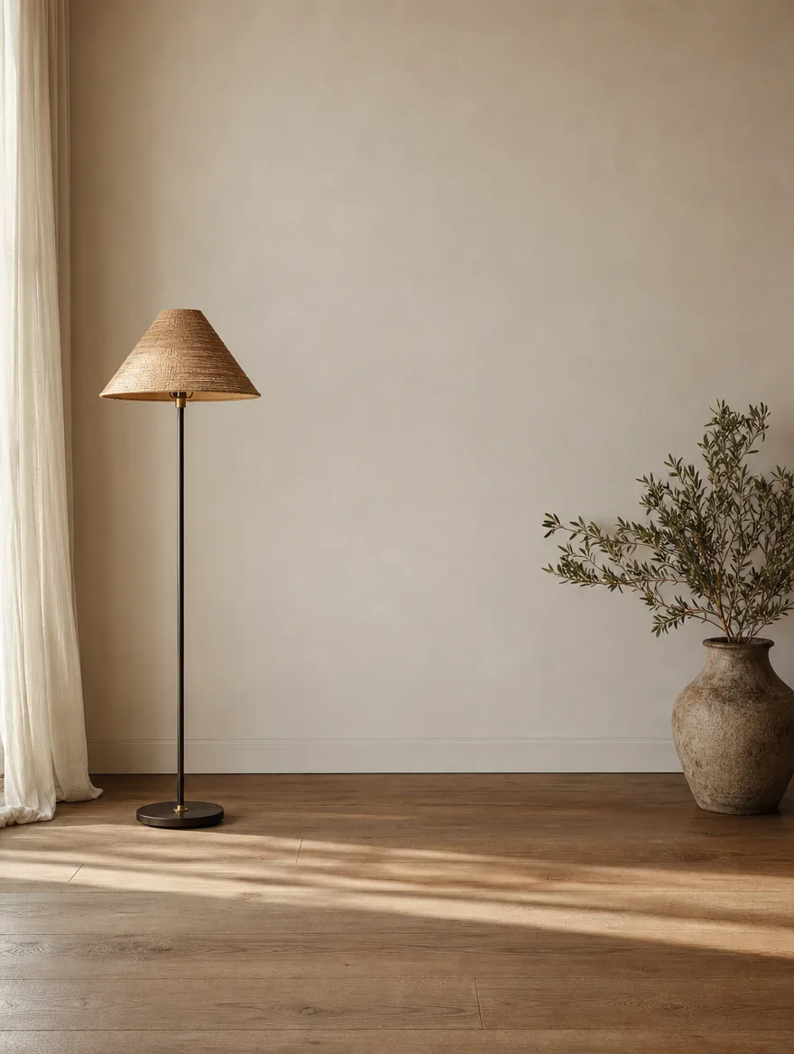 Slanke vloerlamp met natuurlijke kap op een houten vloer