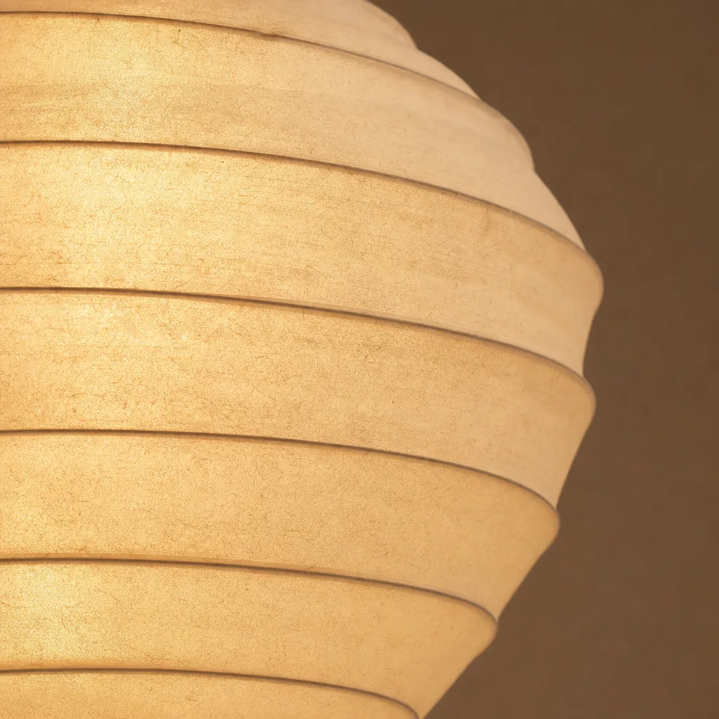 Detail van een papieren lampenkap met warm licht
