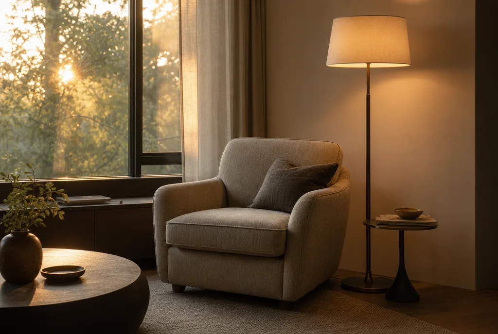 Vloerlamp naast een leesfauteuil bij het raam in warm avondlicht