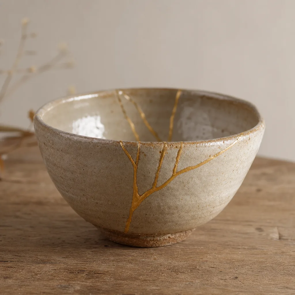 Gerepareerde keramische kom met gouden kintsugi-naden