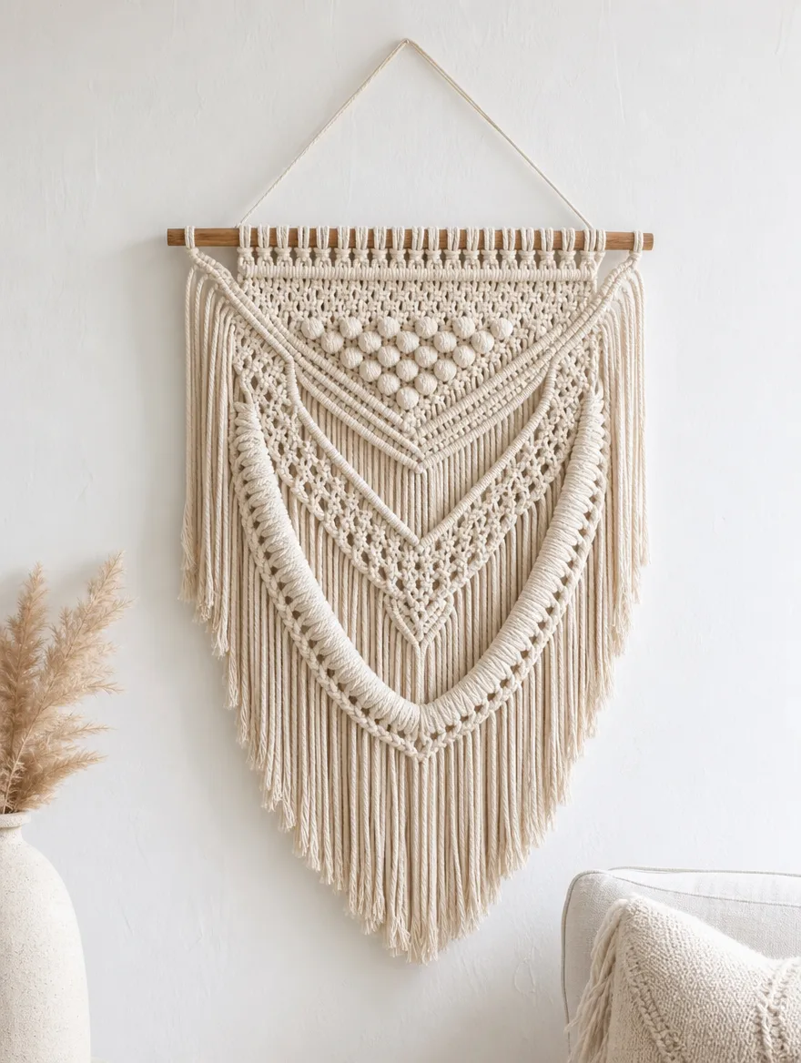 Macramé wandkleed van crème katoen aan een witte muur
