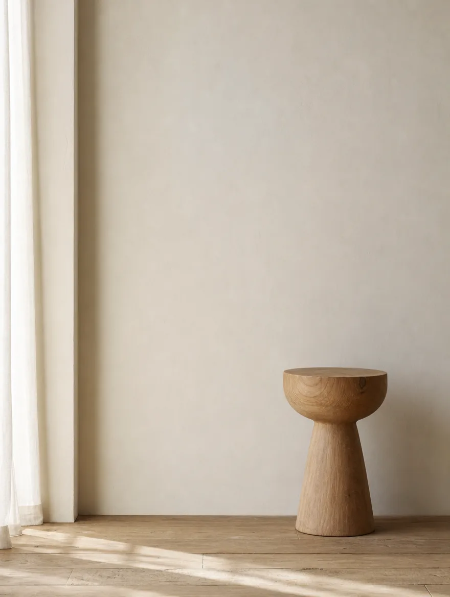 Strakke lege muur met één rustig houten object