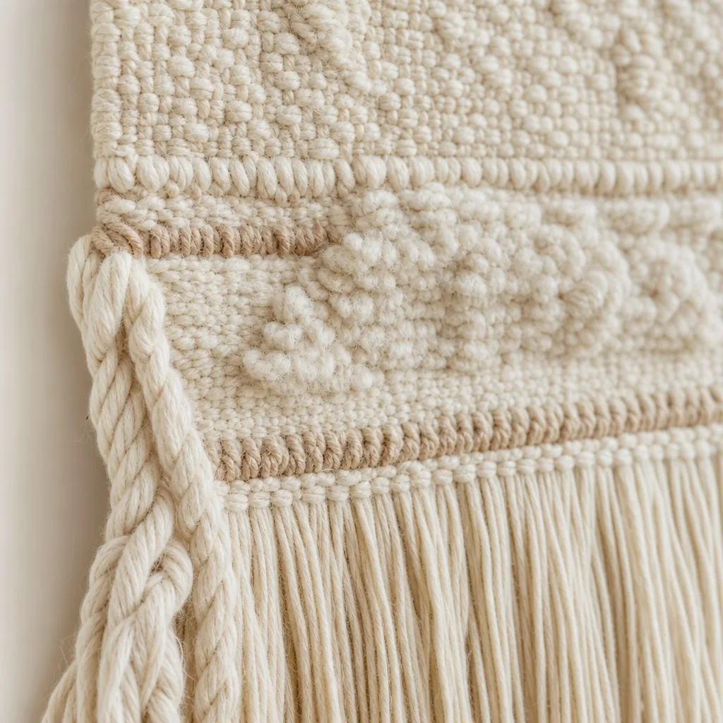 Detail van een geweven textiel wandkleed in ongebleekt katoen