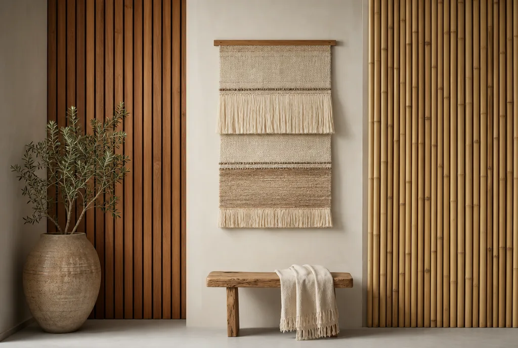 Verschillende soorten wanddecoratie naast elkaar: hout, textiel en bamboe