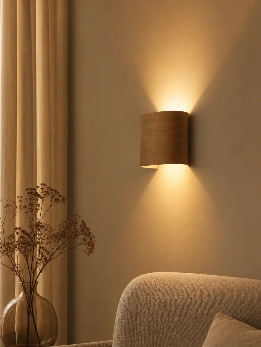Houten wandlamp die licht tegen de muur wast