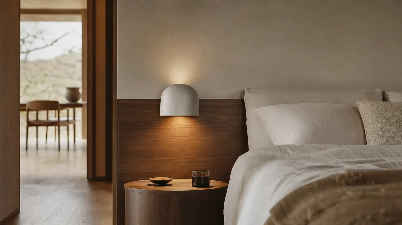 Japandi slaapkamer met een keramiek wandlamp naast het bed