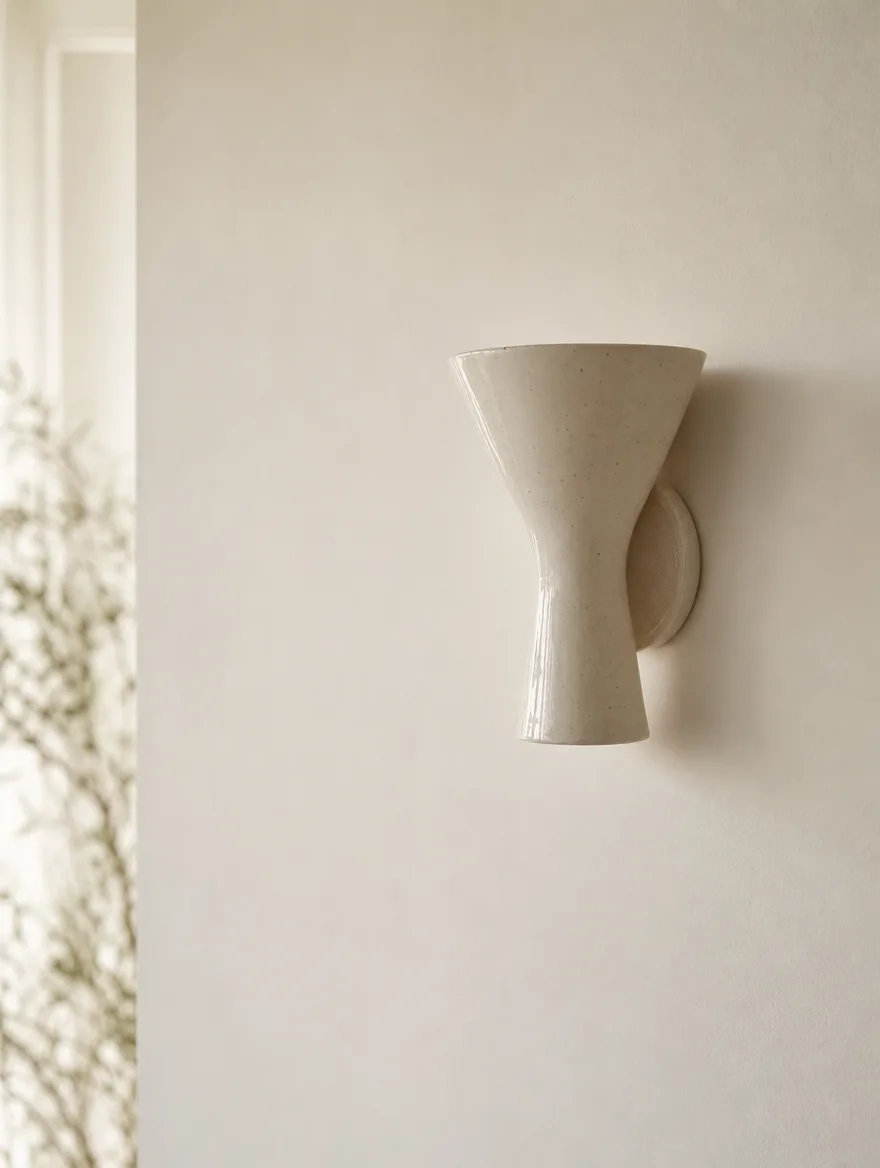 Rustige wandlamp van keramiek op een gebroken witte muur