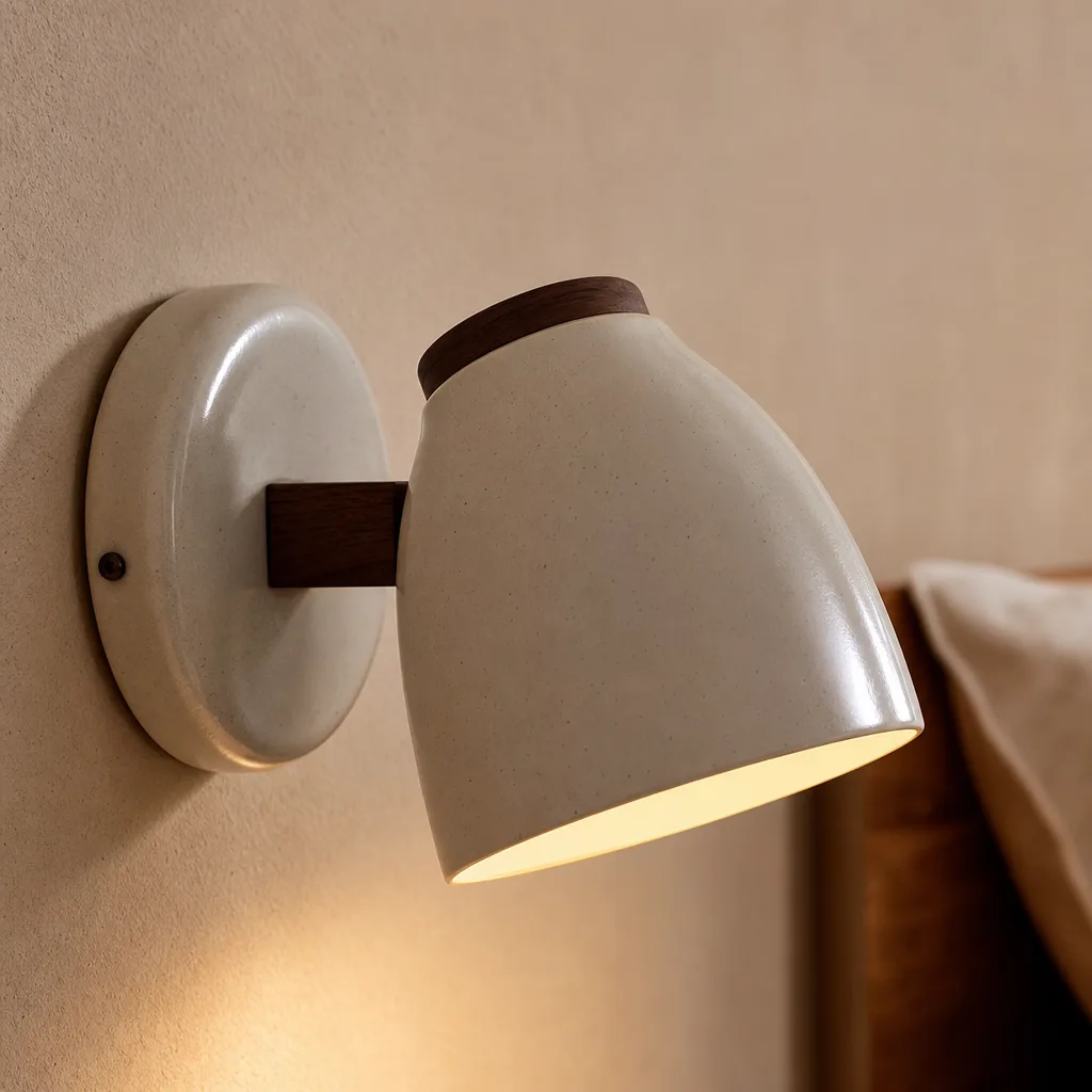 Detail van een keramiek wandlamp met walnoot