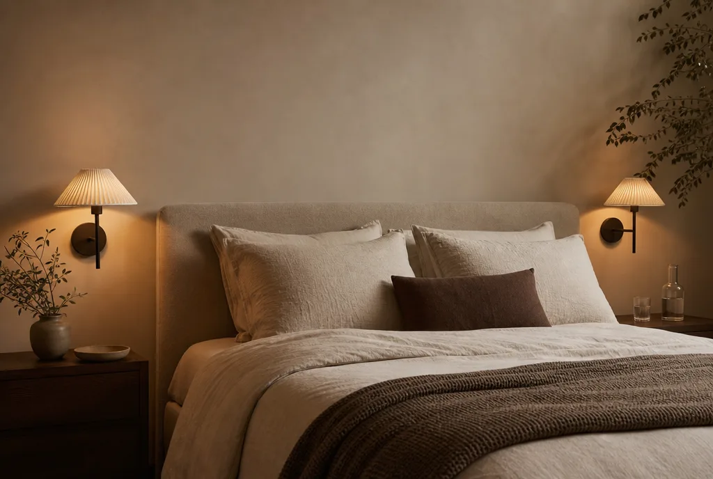Twee wandlampen aan weerszijden van een bed op leeshoogte