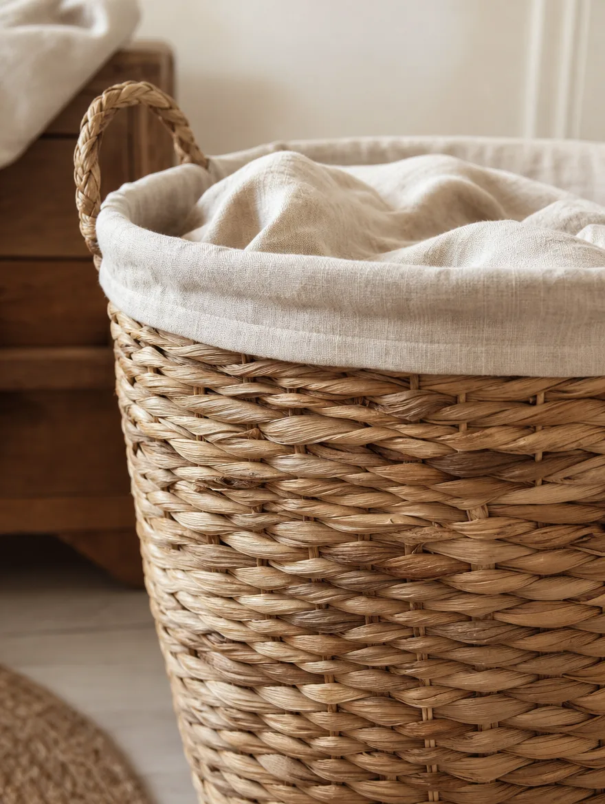 Detail van een gevlochten zeegras wasmand met linnen binnenzak
