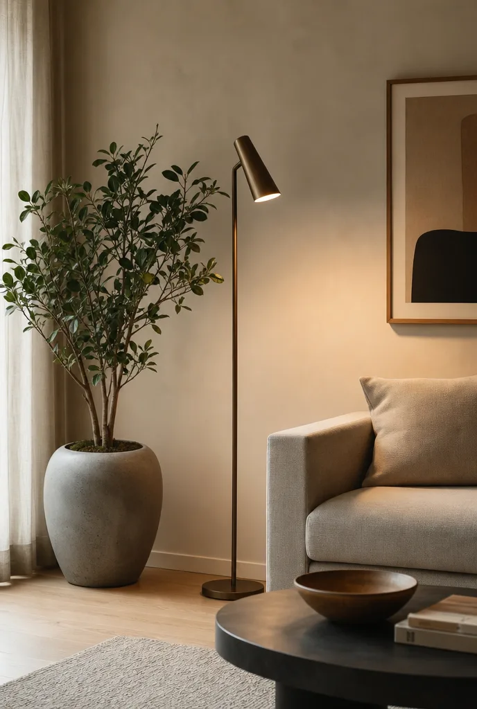 Hoek met een vloerlamp naast de bank en een plant in een matte steenlook pot