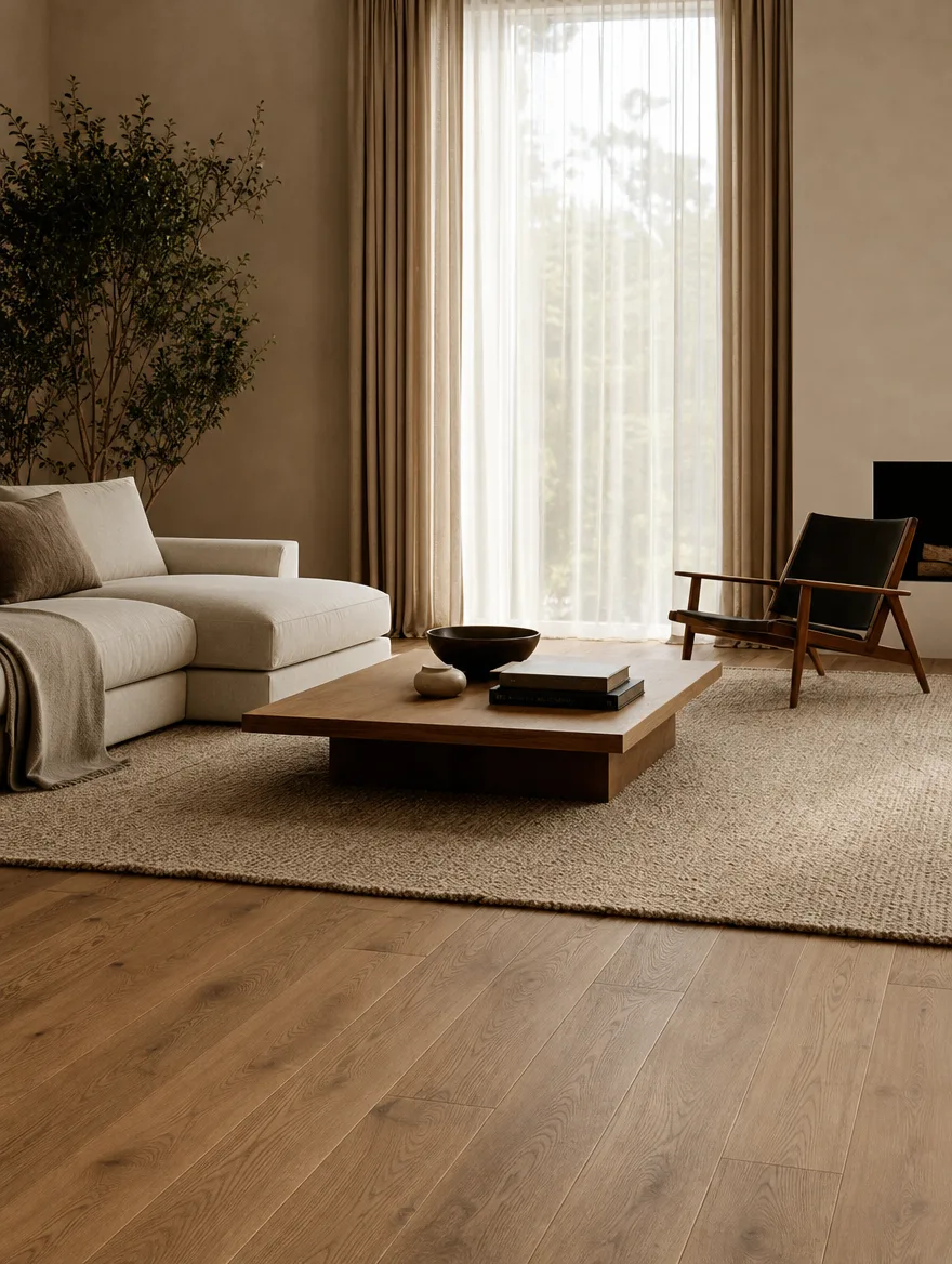 Rustige Japandi woonkamer met een warm houten vloer en een groot vloerkleed