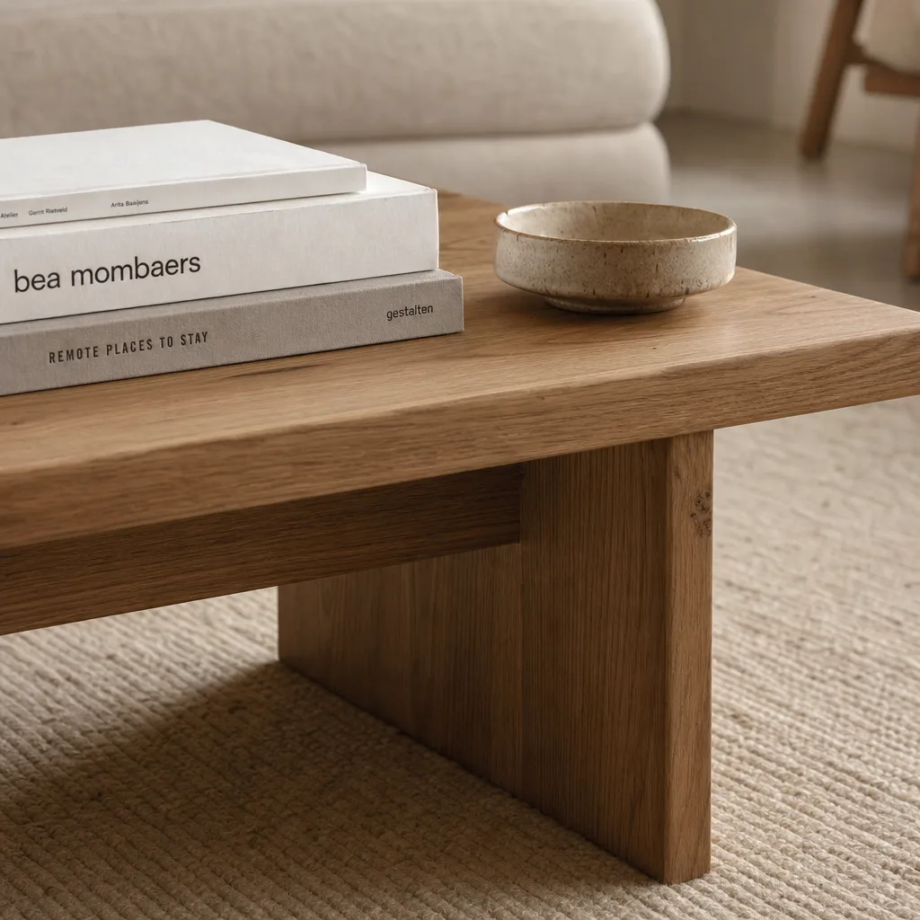 Detail van een lage eiken salontafel op een zandkleurig vloerkleed