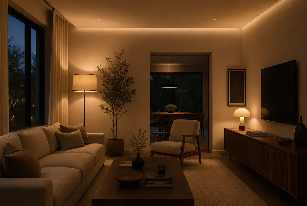 Woonkamer in de avond met drie lagen warm licht: plafondwash, vloerlamp en een accentlampje